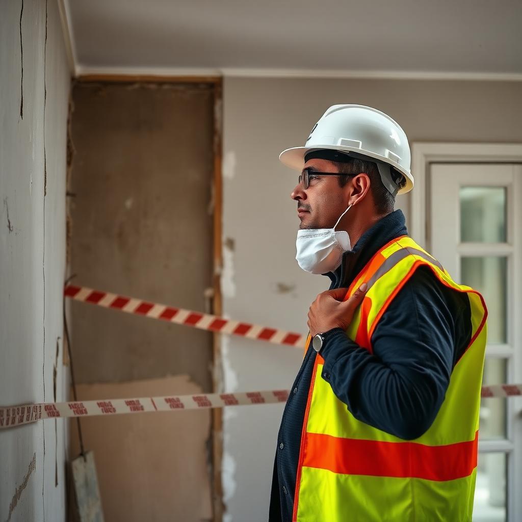 Tradesperson cautiously inspecting older wall materials during a renovation