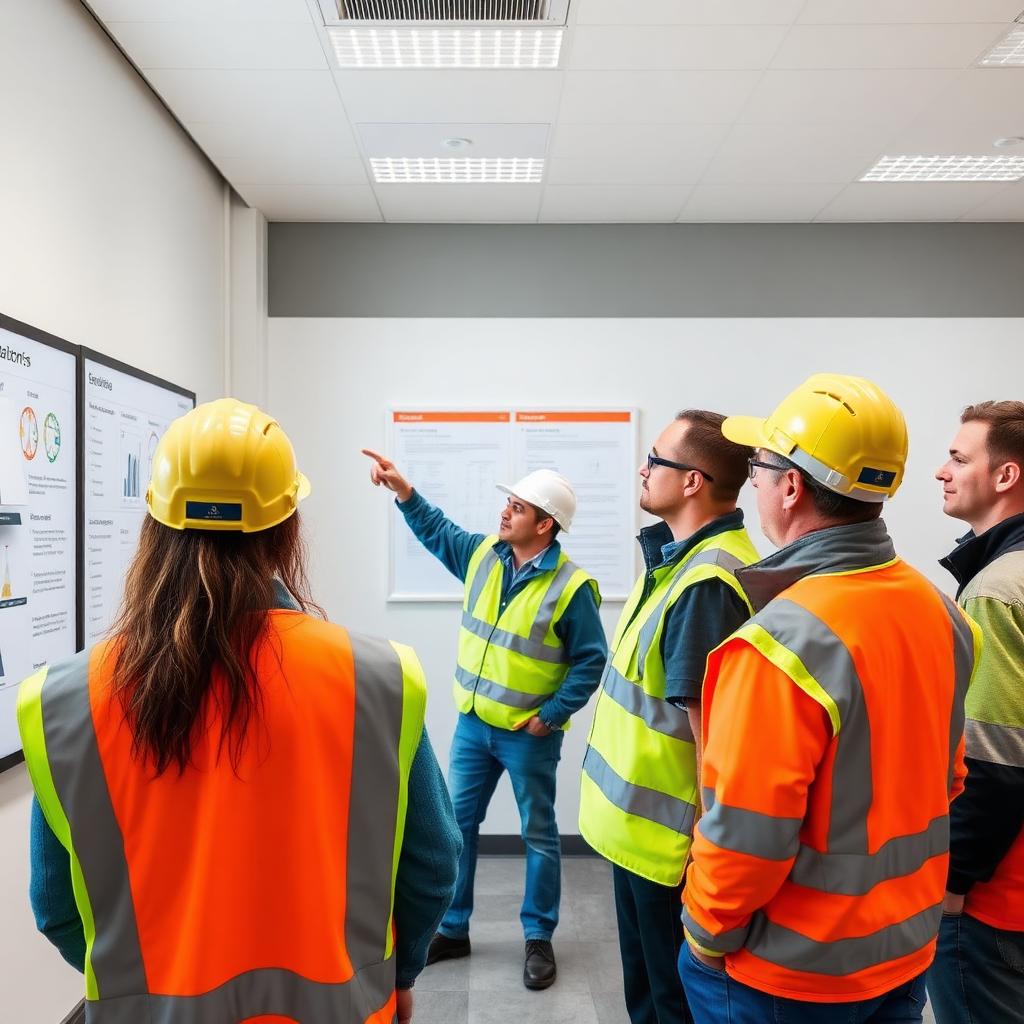 Group of construction workers attending a workplace safety training session in a classroom