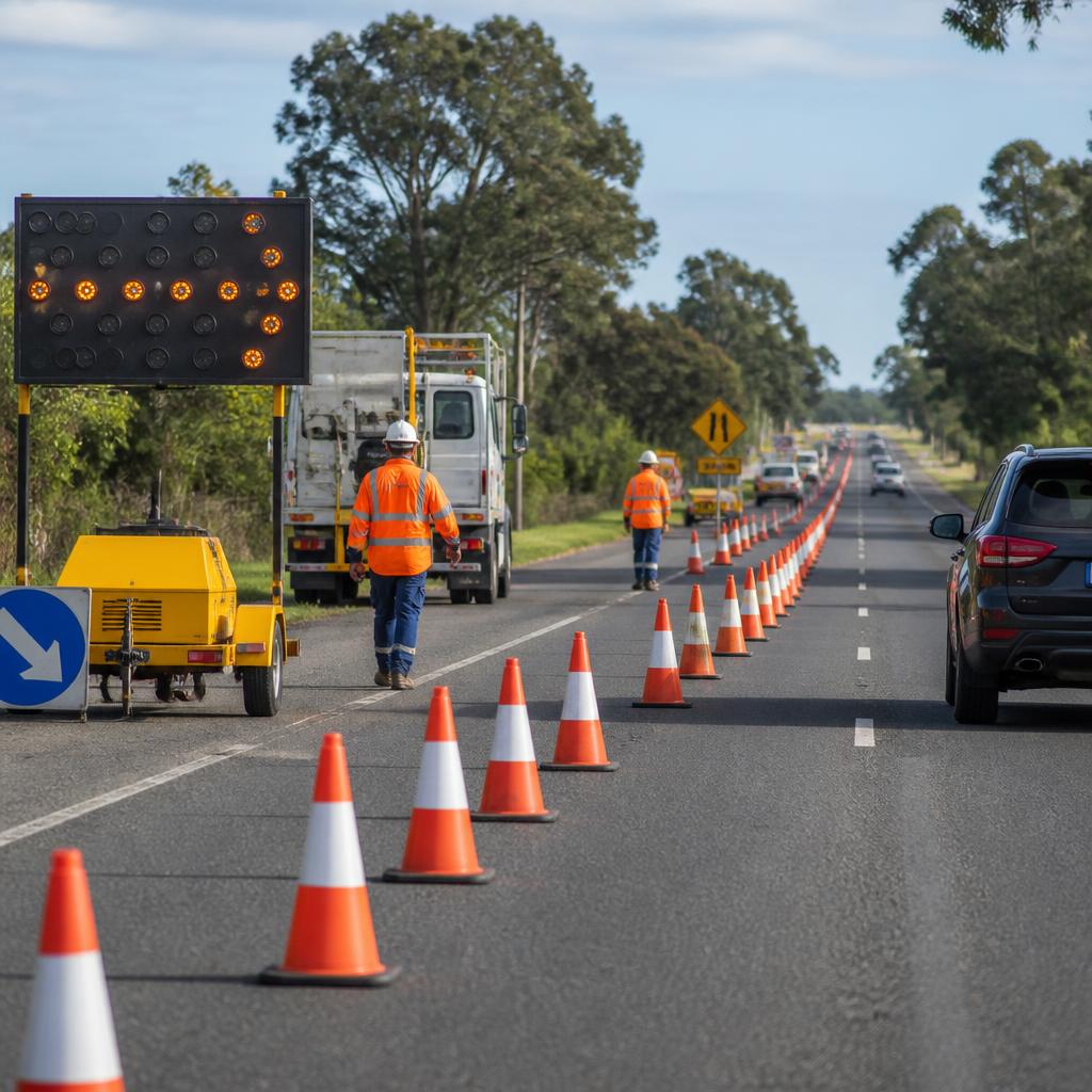 Traffic cones and signage lining a temporary lane closure on an Australian road