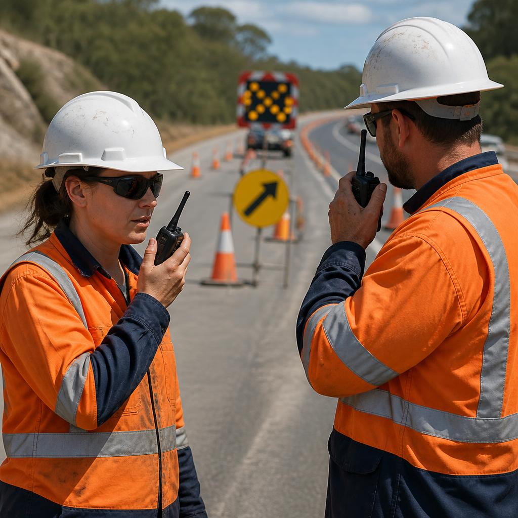 Traffic controllers communicating on-site with two-way radios