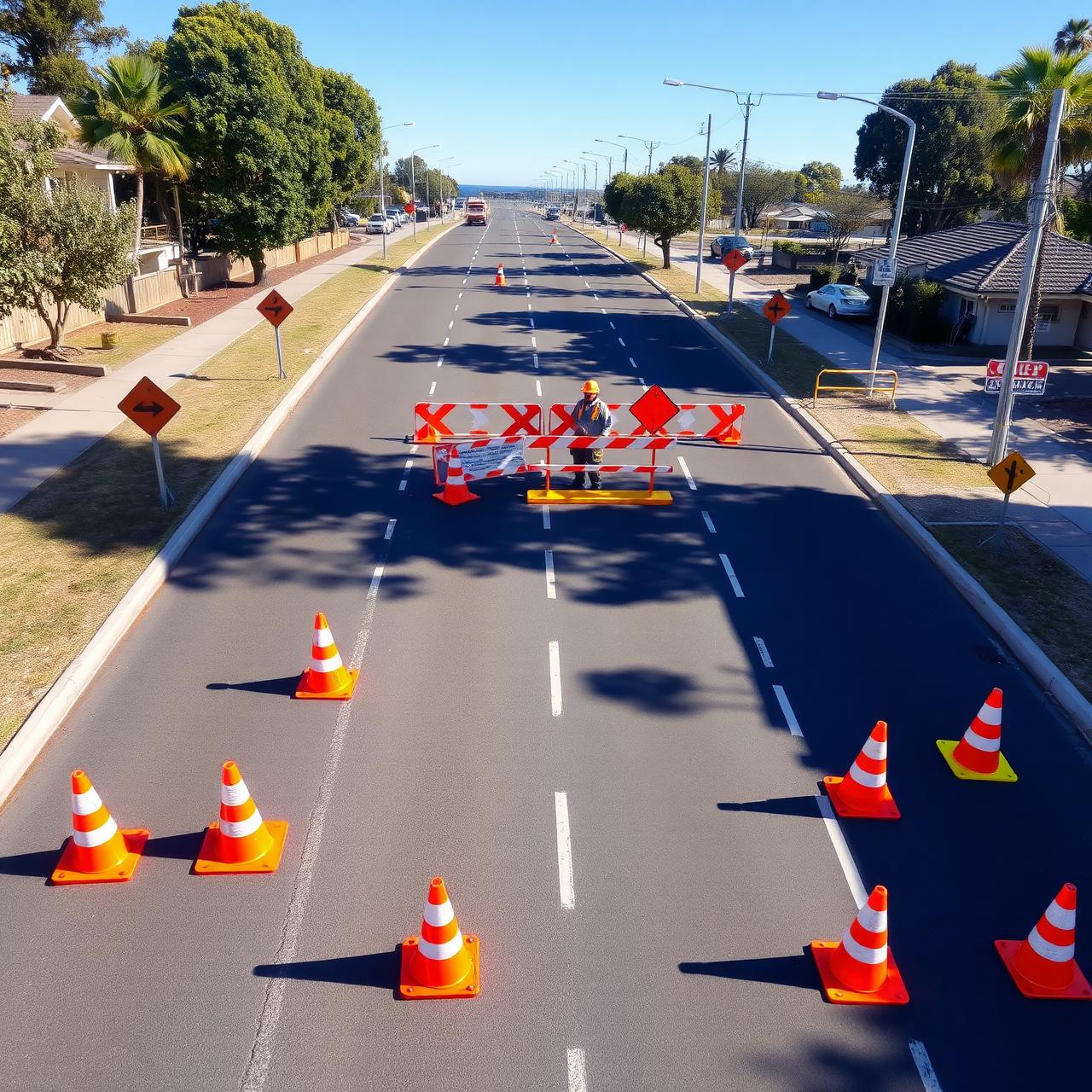 Overhead view of a coned lane closure and signage layout on an Australian suburban road