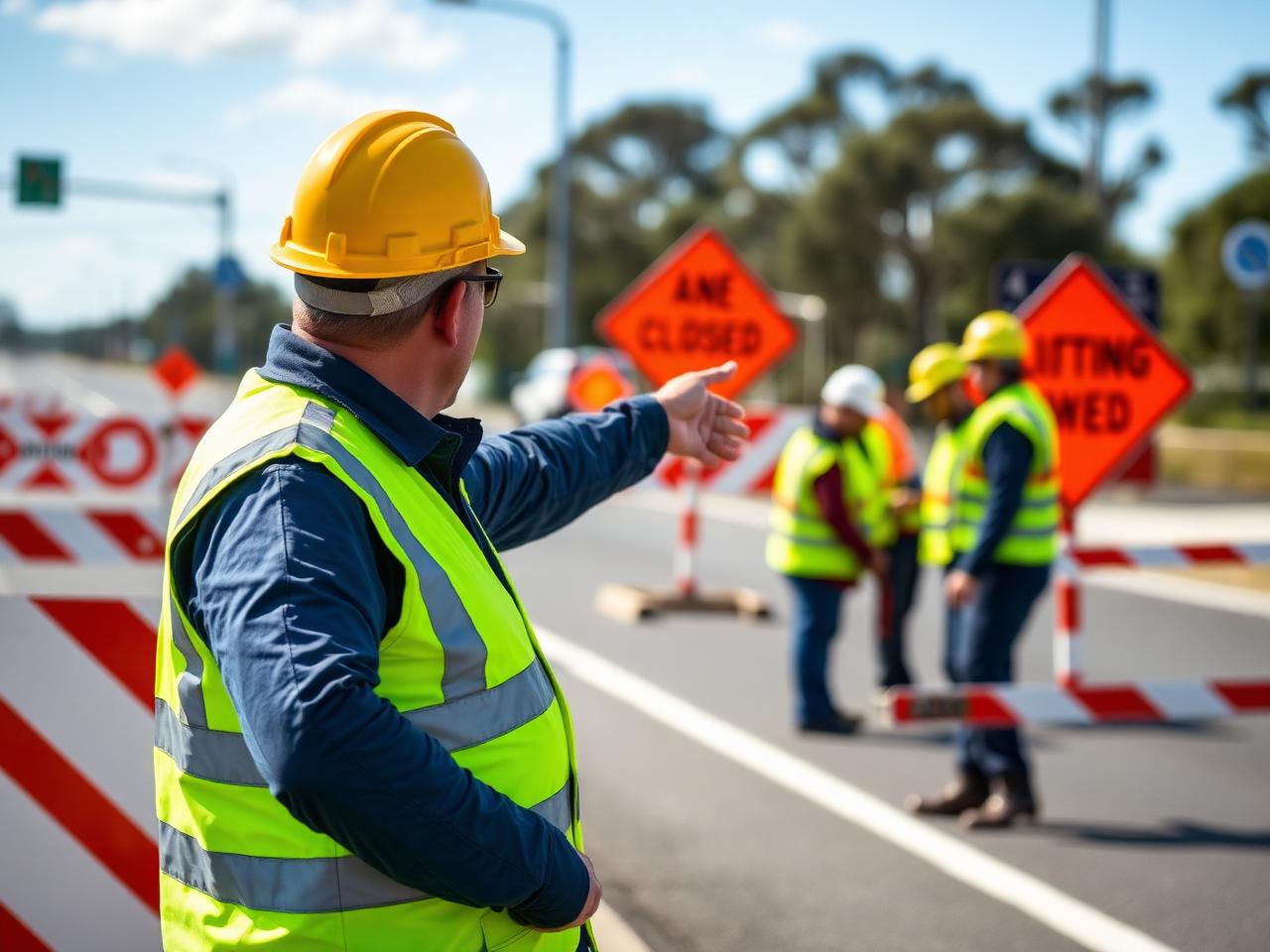 Australian civil works supervisor coordinating a work crew near a lane-closure setup