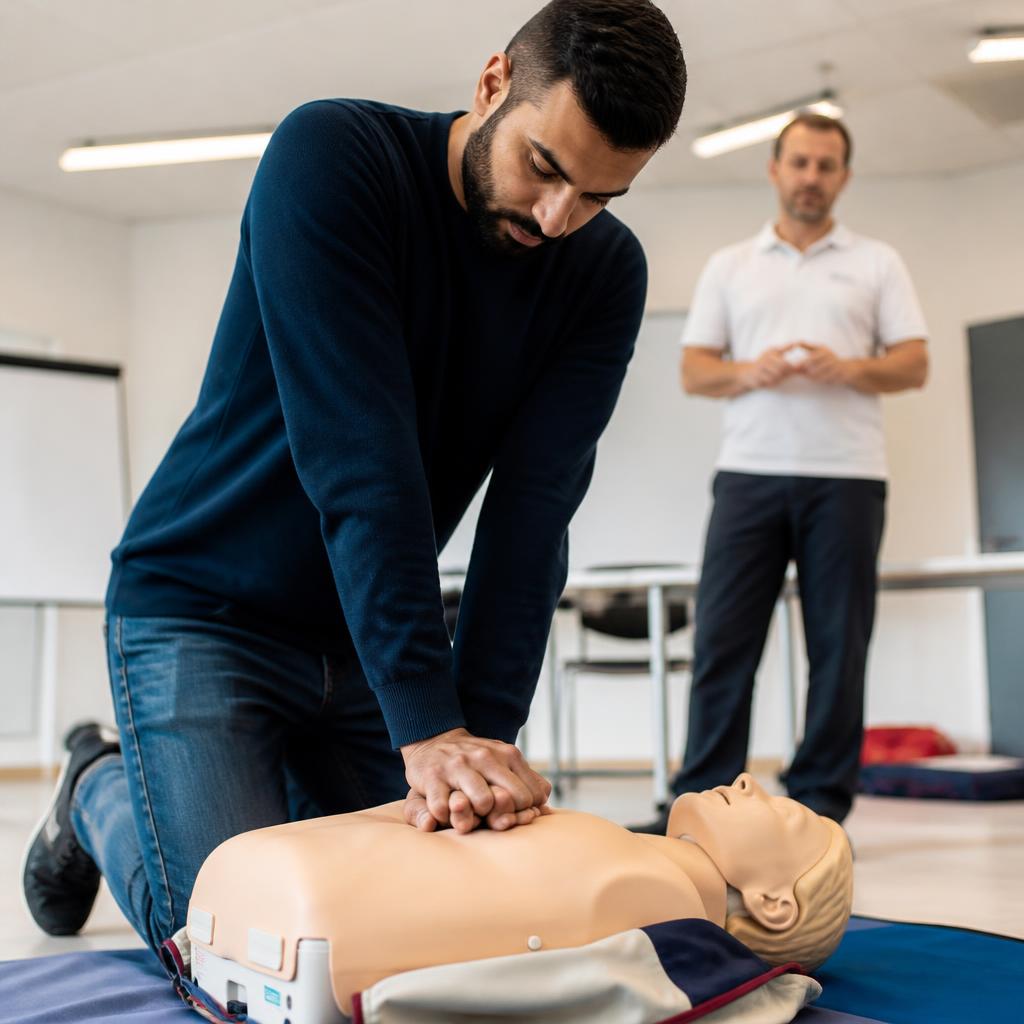 Student practising CPR on an adult training manikin — HLTAID009 Provide CPR